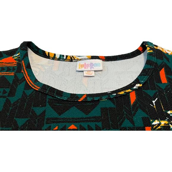 LULAROE SHORT SLEEVE TUNIC DRESS,WOMENS, XS, GREEN-ORANGE YELLOW ABSTRACT HI-LOW - Picture 2 of 10